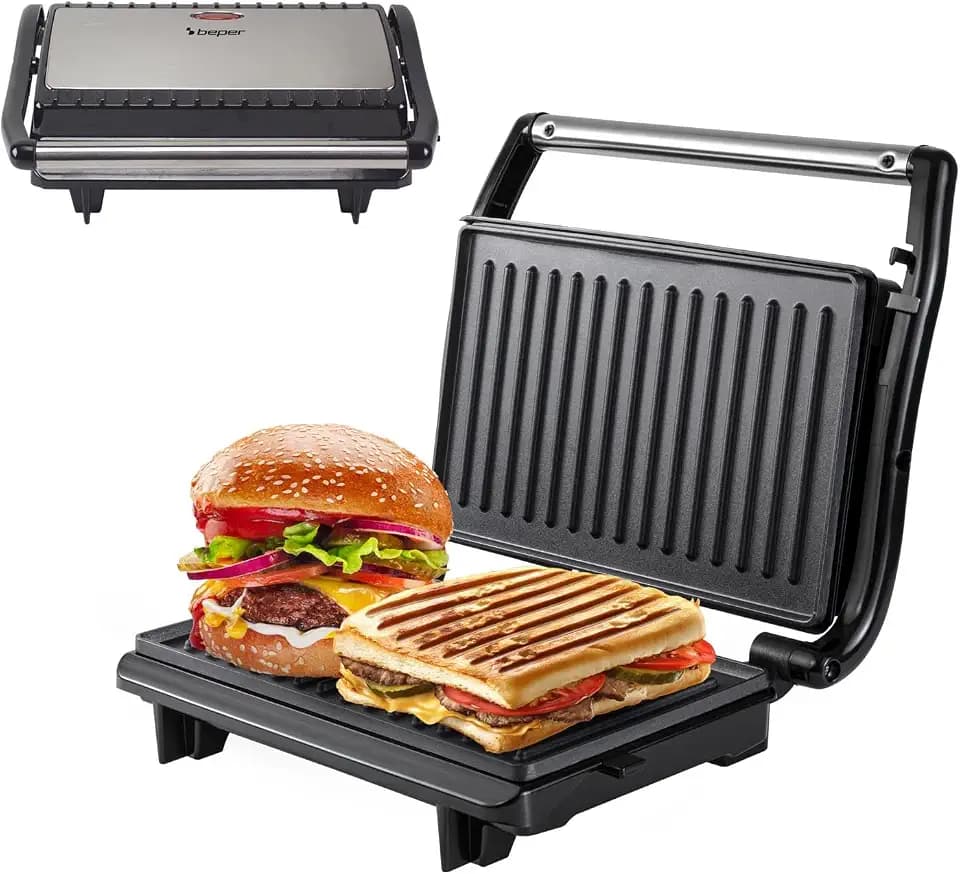 BEPER P101TOS003 Kompakter Elektrogrill, Antihaft-Platte, Toaster, Sandwiches, Fleisch, Gemüse – Selbstjustierende Platten, wärmeisolierter Griff und integrierte Kabelaufwicklung