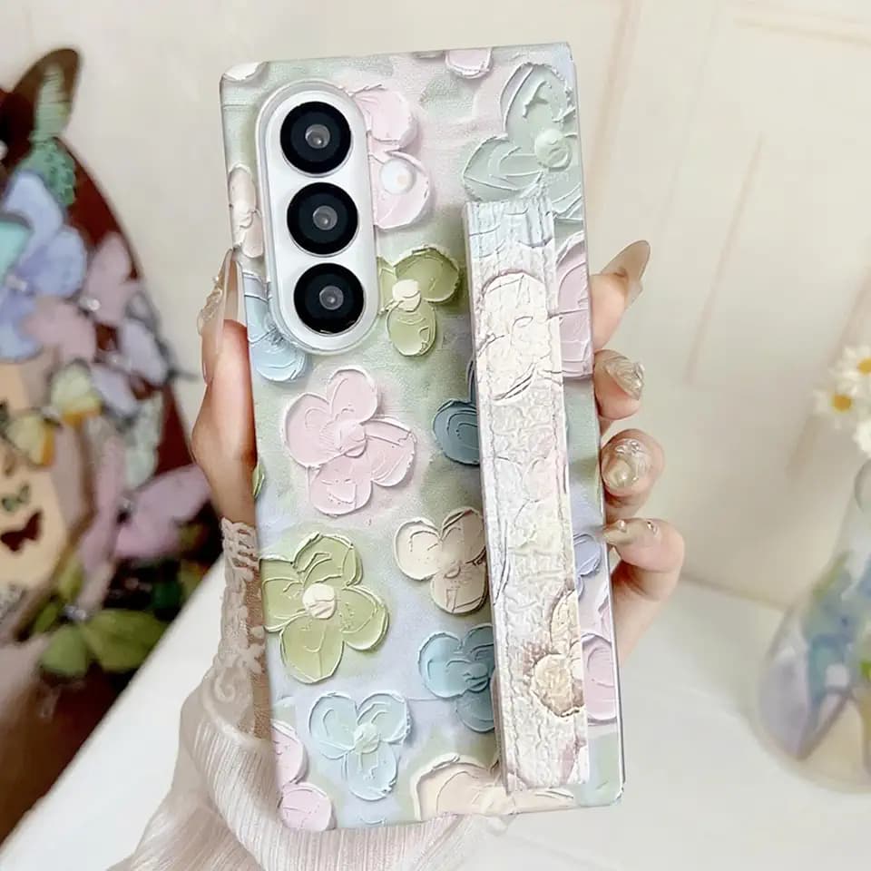 Omio for Galaxy Z Fold 7 Cute Case with Strap, Colorful Retro Oil Painting Printed IMD Flower Design Hard PC Shockproof Finger Grip Floral Cover for Women Girls, Light Green