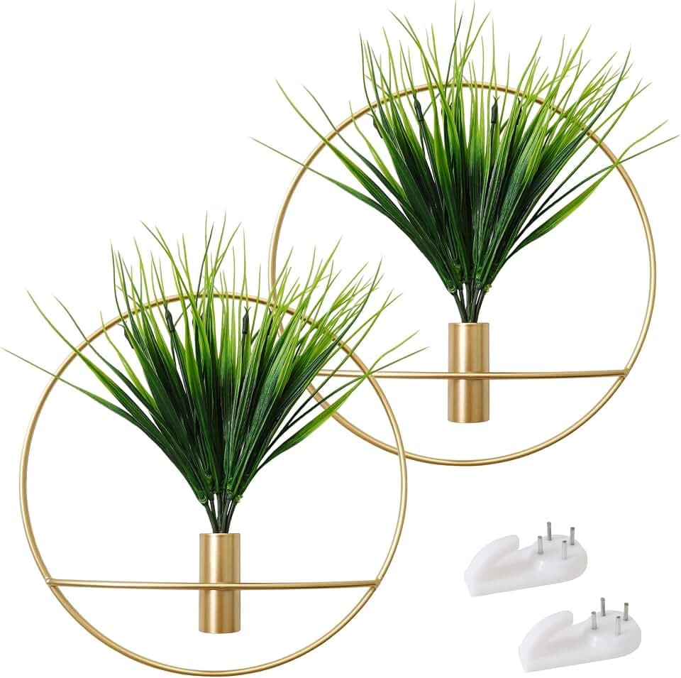 SAJANDAS Set mit 2 Künstlichen Pflanzen mit Rundem Goldenem Metall-Hängerahmen für Wanddekoration, an der Wand Montierte Kunstpflanzen mit Metallreifen für Moderne Heimdekoration Gold Wanddeko