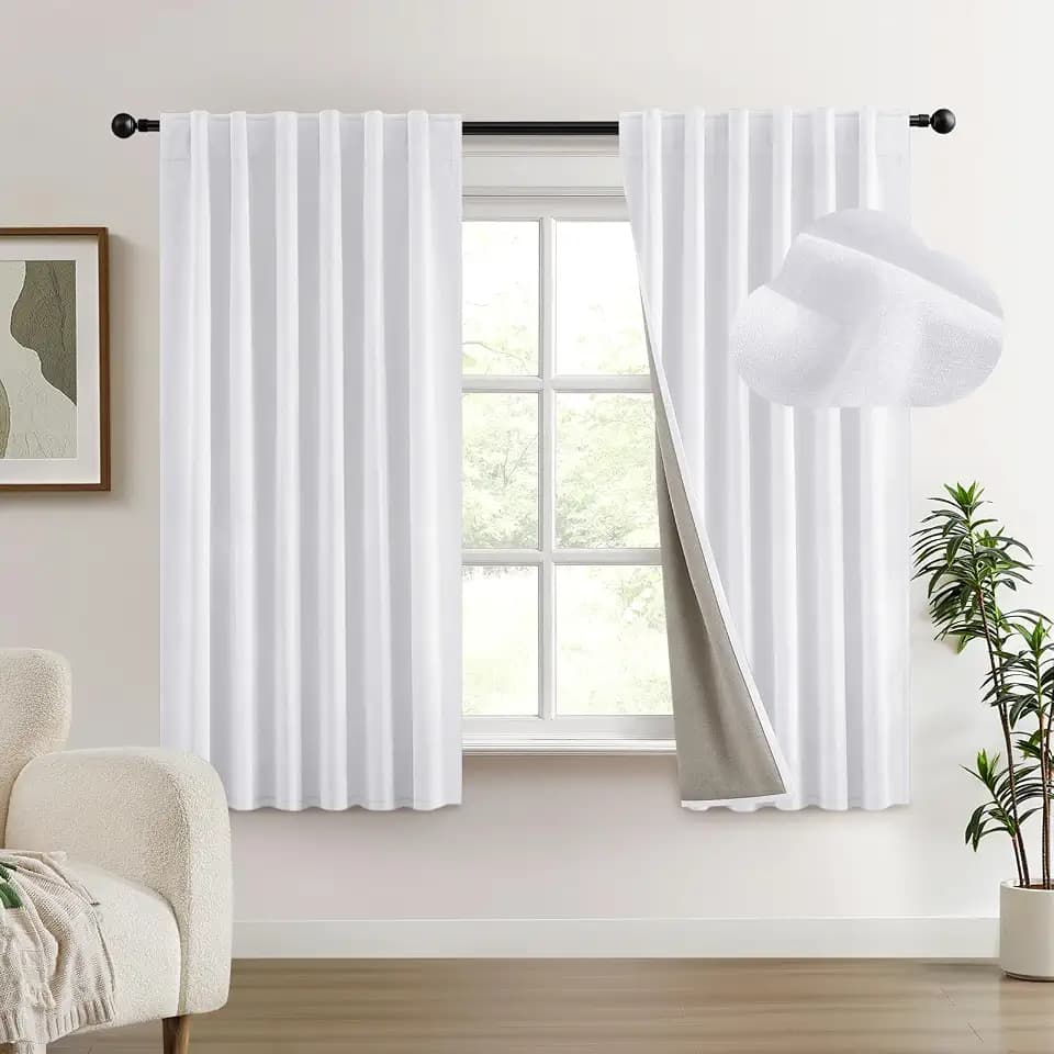 HOMEIDEAS 100% Chenille Blackout Curtains White 63'' Long 2 Panels