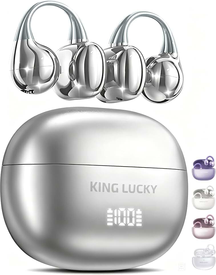Kinglucky Next-gen Clip on Earbuds Open Ear Wireless Bluetooth 6.0 Headphones with Mic,50H Play,ENC,IPX5 Waterproof,Sports Ear Buds,Comfortable for Small Ears&Fitness,Run (Silver, Digital Display)