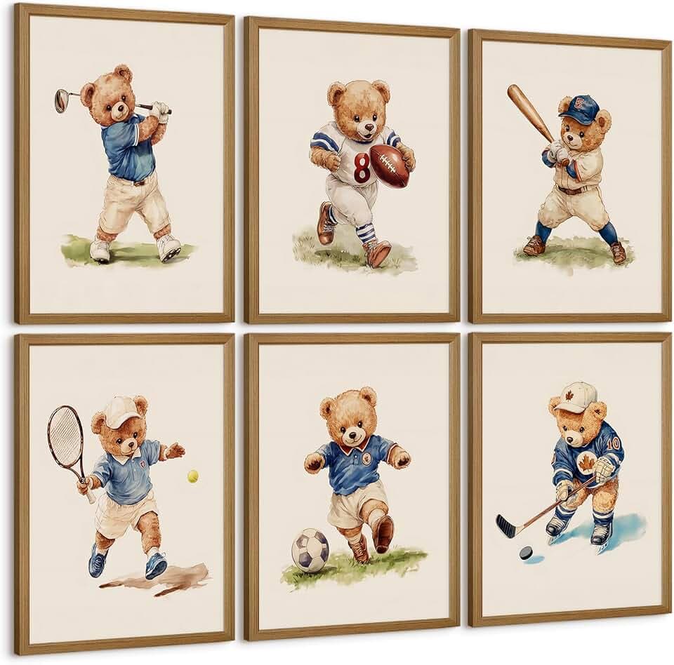 Nursery Bear Sports Wall Art Vintage Boy Room Canvas Wall Decor Baby Teddy Bear Pictures Boy Nursery Art Prints Kids Animal Poster Artwork for Toddler Bedroom Playroom 8x10 Inch Wood Framed 6Pcs