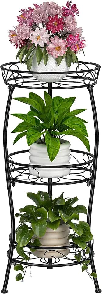 VECELO 3 Tier Metal Outdoor Plant Stand Indoor, Rustproof Stable 33.8” Tall Iron Flower Stand, Decorative Multiple Heavy Duty Plant Holder for Corner, Patio, Balcony Garden, Black