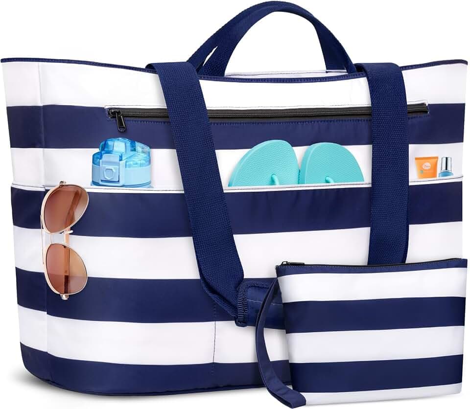 BKNOOU Extra Large Beach Bags Waterproof Sandproof XL Beach Tote Bag for Women Zipper Foldable Swim Pool Bag with Wet Pocket