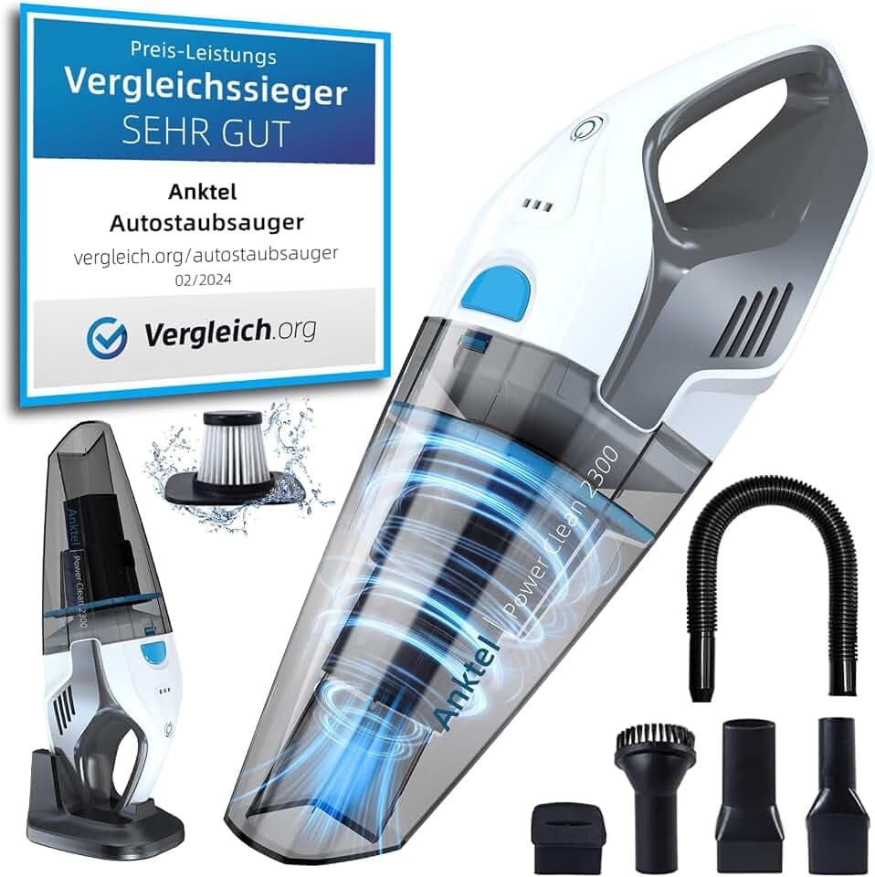 Anktel Handstaubsauger Testsieger mit Ladestation -PowerClean2300- Handstaubsauger Akku Kabellos Nass&Trocken mit Waschbar HEPA-Filter Handsauger Beutellos Staubsauger Ersatzfilter