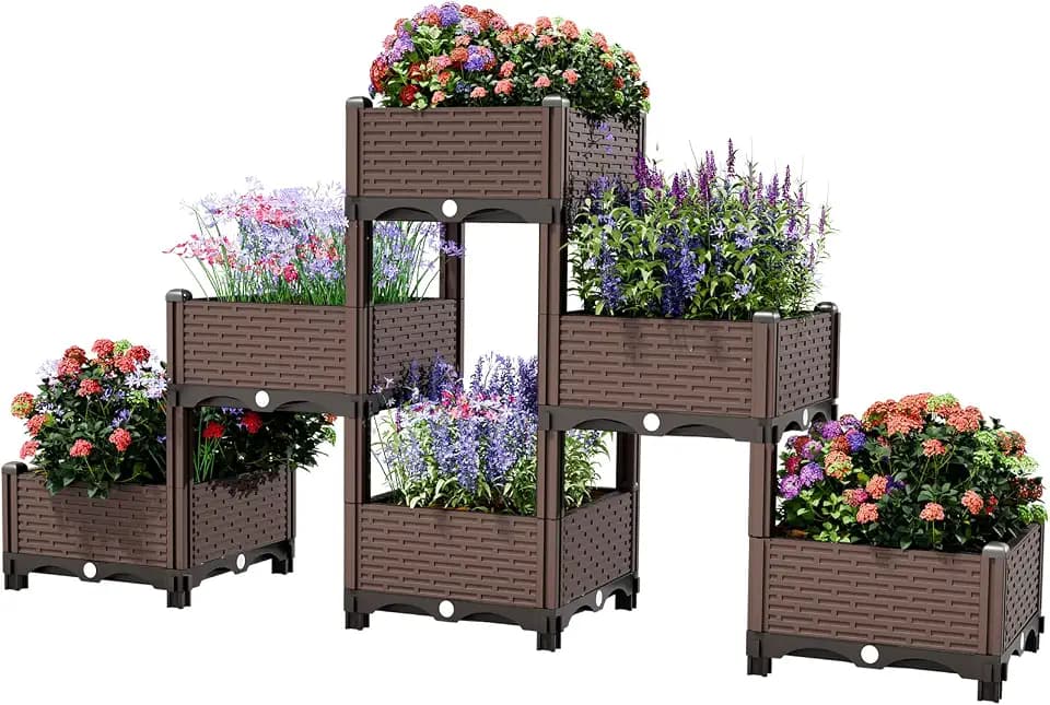 6-Tier Stackable Raised Garden Bed Planter Box, Modular Pyramid Planter for Vegetables, Flowers, Herbs - Durable Outdoor Indoor Garden Kit (Brown, 40cm W x 186cm L x 83cm H)