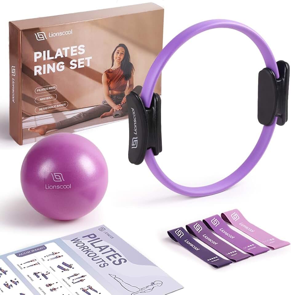 LIONSCOOL Pilates Ring Set 14" Magic Circle, 9" Mini Ball, Resistance Bands