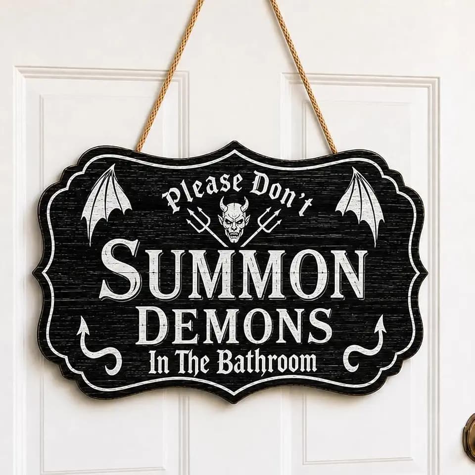 Halloween Bathroom Sign, Wooden Please Don't Summon Demons Goth Door Decor
