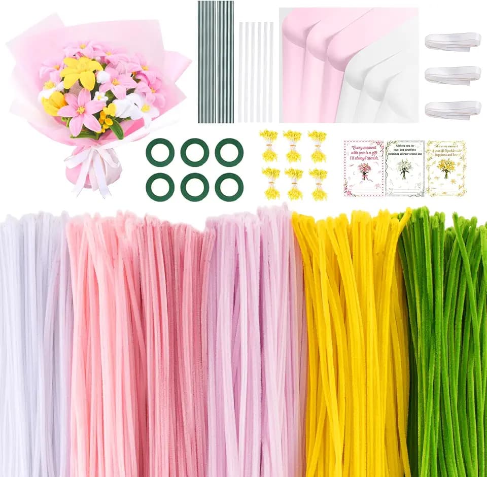 1800PCS Pipe Cleaners Flower Kit, Pipe Cleaners Craft Bulk Chenille Stems Flower Making Set with Floral Wrapping Paper, Gardening Tape, Stamen, Floral Wires & Ribbon for Art and Craft Supplies