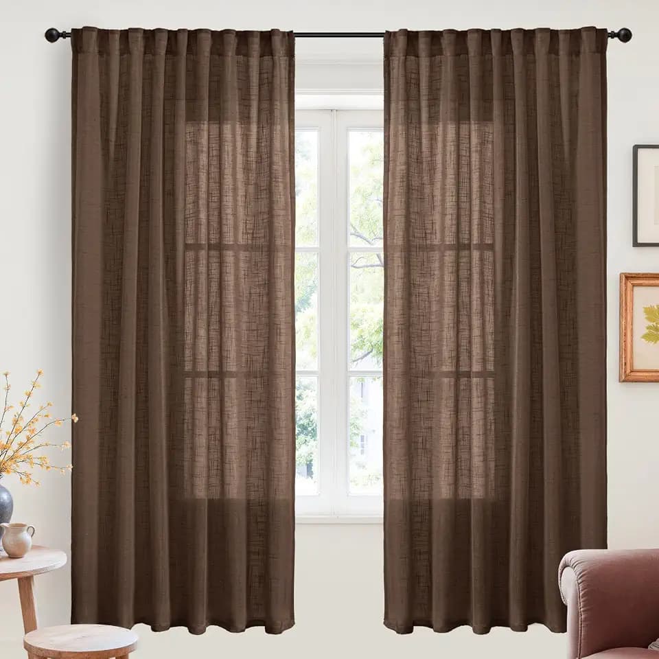 YoungsTex Dark Brown Linen Semi Sheer Curtains 72 Inch Length for Living Room - Chocolate Light Filtering Drapes Textured with Rod Pocket Back Tab Privacy for Bedroom, 2 Panels, 52 X 72 Inch