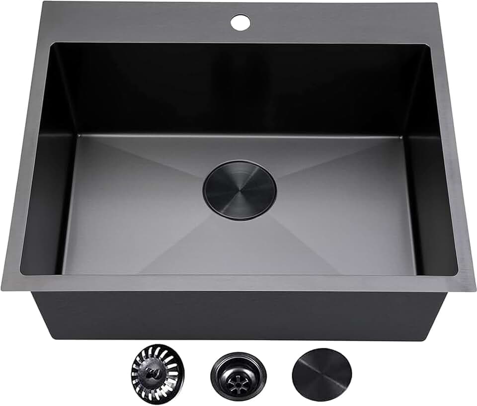VCCUCINE 25x22 Inch Black Drop in Kitchen Sink,25 Inch Gunmetal Black Single Bowl Stainless Steel Basin Topmount Kitchen Sink,16 Gauge Metal Laundry Sink Black Small Kitchen Sink