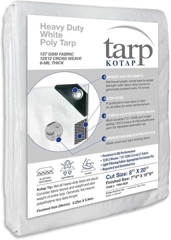 Kotap 8 x 20 Ft. Heavy-Duty Protection/Coverage Tarp, Superior Weave for Greater Longevity 8-mil, Multi-Use, Waterproof, White, 1-Pack (TRW-0820)