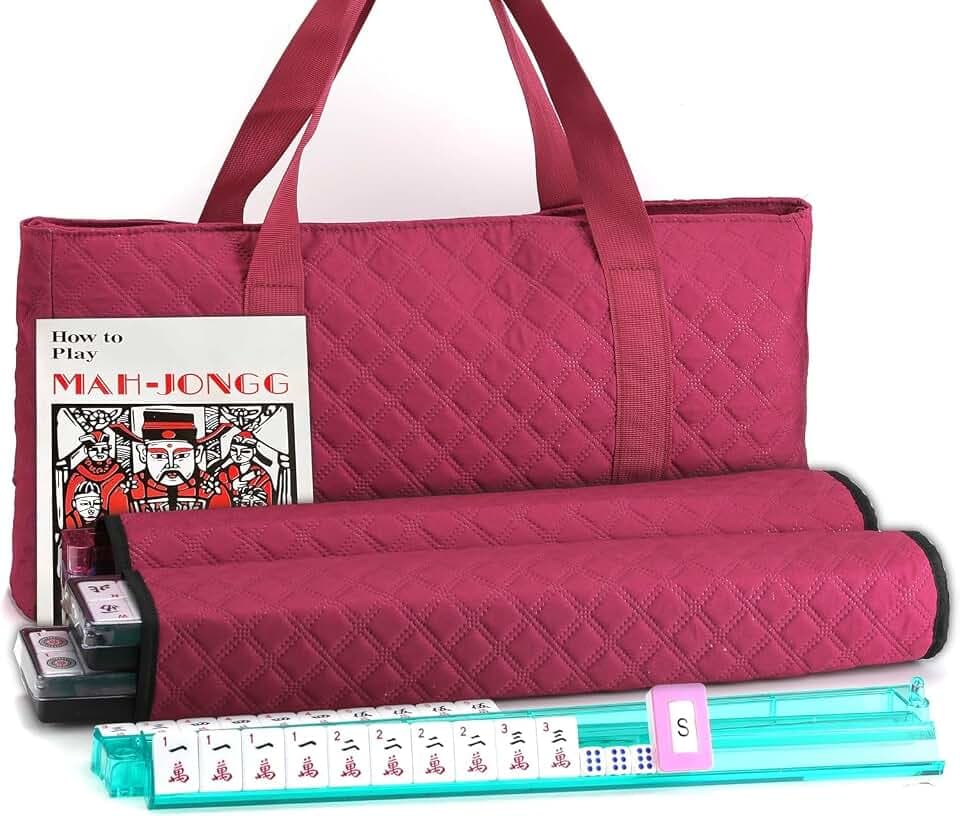 American Mahjong Set 166 White Engraved Tiles Burgundy Quilted Carrying Bag