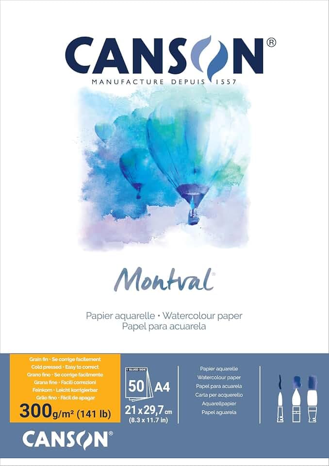 Canson Montval Aquarellpapier, feine Körnung, 300 g/m², auf der kurzen Seite, A4, 21 x 29,7 cm, Weiß, 50 Blatt