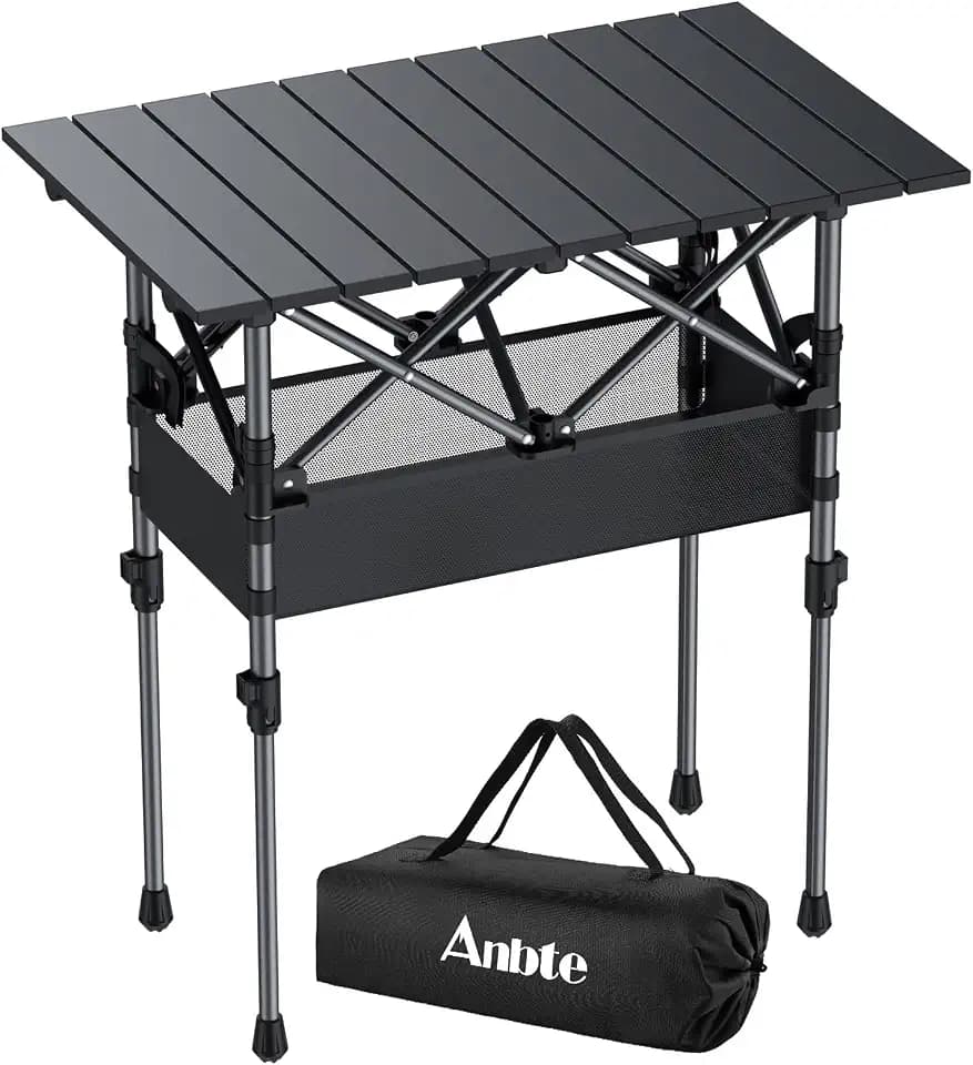 Anbte Campingtisch Aluminium 64x40cm Aufrollbare Tischplatte 2 Verstellbar Höhen 44/70cm Klapptisch mit Aufbewahrungsnetz & Tasche, ideal für Garten Grillen Reisen Outdoor & Indoor (Schwarz)