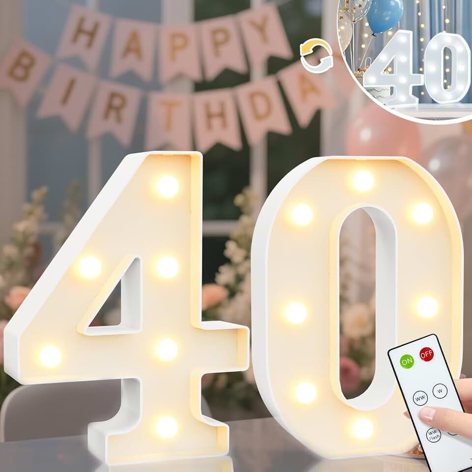LED Zahlen Lampe Nummer Beleuchtete Ziffern 40. Geburtstag Dekorationen für Mädchen, Leuchtzahlen für Happy Birthday Party Deko, Hochzeitsdeko, Fernbedienung Wand Tisch Dekor – Warmes & Kaltes Weiß 40