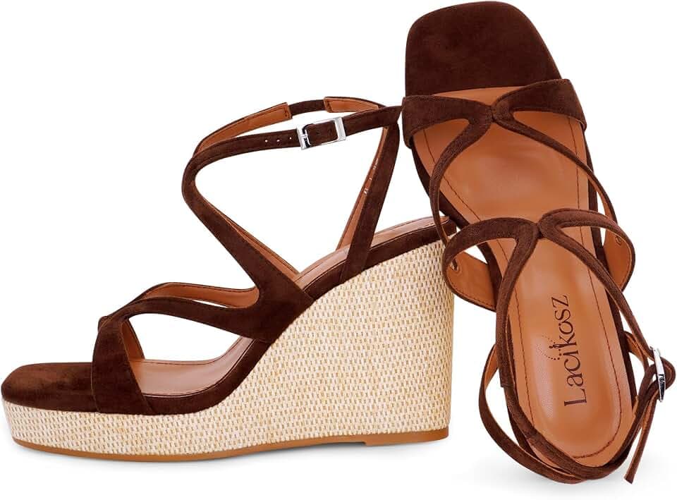 LACIKOSZ Gold Wedge Sandals for Women Raffia Platform Open Toe Ankle Strap