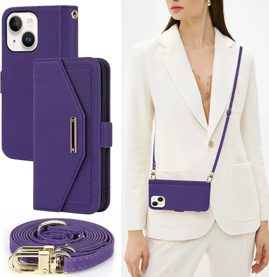 Purple Leather Wallet Case for iPhone 15 Plus, with Adjustable Strap and Built-in Kickstand