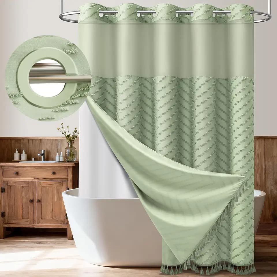 Dynamene Sage Green Hook Free Chevron Shower Curtain & Fabric Liner,72x87