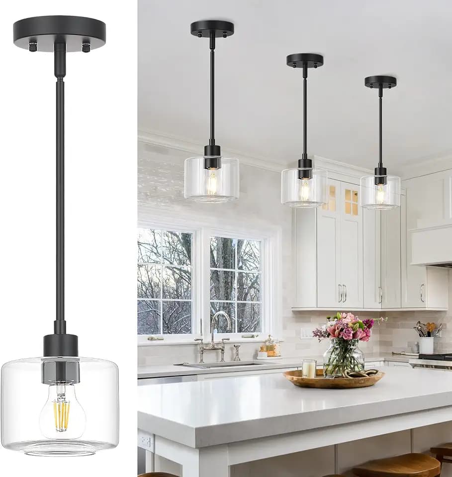 Black Pendant Lights Kitchen Island, 1-Light Modern Clear Glass Hanging Light Fixtures with Rods, Mini Kitchen Pendant Lighting Over Island for Sink Bathroom, OS-YQ8153-1PBKC