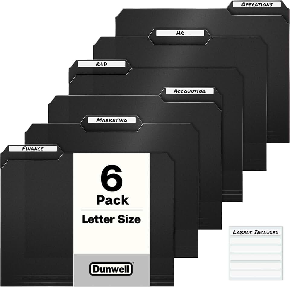 Dunwell Black 3-Tab File Folders, 8.5x11, 6 Pack, Plastic Manila