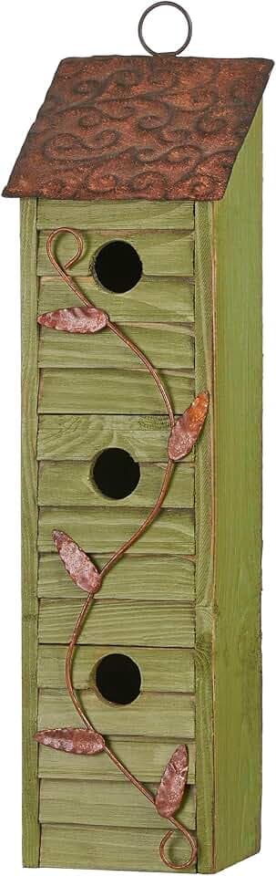 Glitzhome 18''H Hanging Birdhouse Green Distressed Solid Wood Cottage Decorative Outdoor Garden Bird House with Shutter Texture