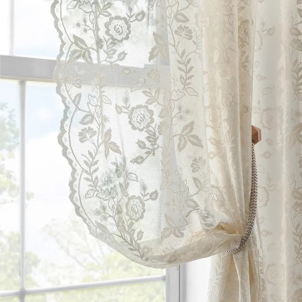 Beige Lace Curtains for Bedroom Rustic Leaf Floral 42 x 63 Inch 2 Panels
