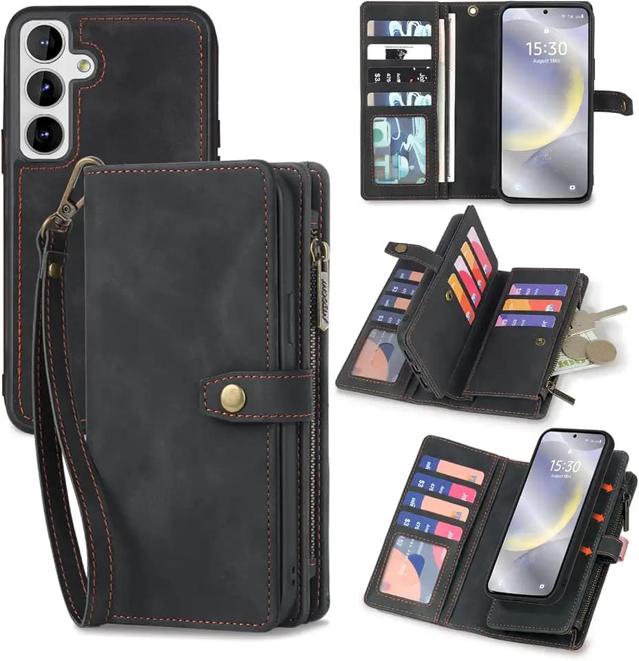 TwoHead for Samsung Galaxy S24 Wallet Case,11 Card Holders,Black