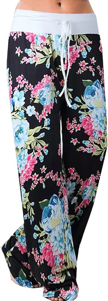 Famulily Damen High Waist Schlafanzugshose Weite Bein Lange Hose
