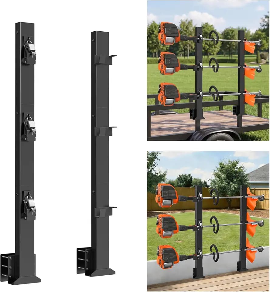 Weedeater Rack for Trailer with Lock, 3 Place Weed Eater Rack Rectangular Hollow Section Trimmer Racks for Open Trailers Flexible Base 360° Sponge Protect Trimmer Rack Lawn Care Equipment
