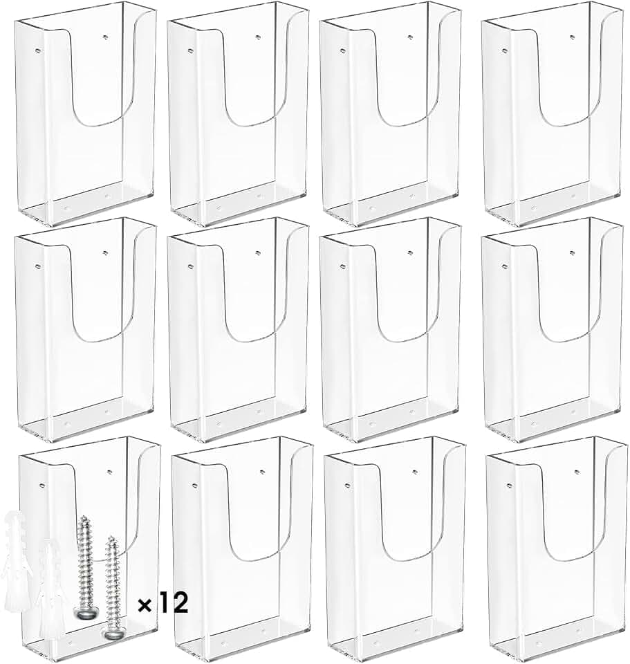 MaxGear Acrylic Brochure Holder Wall Mount, 4 Inch Wide, 12 Pack