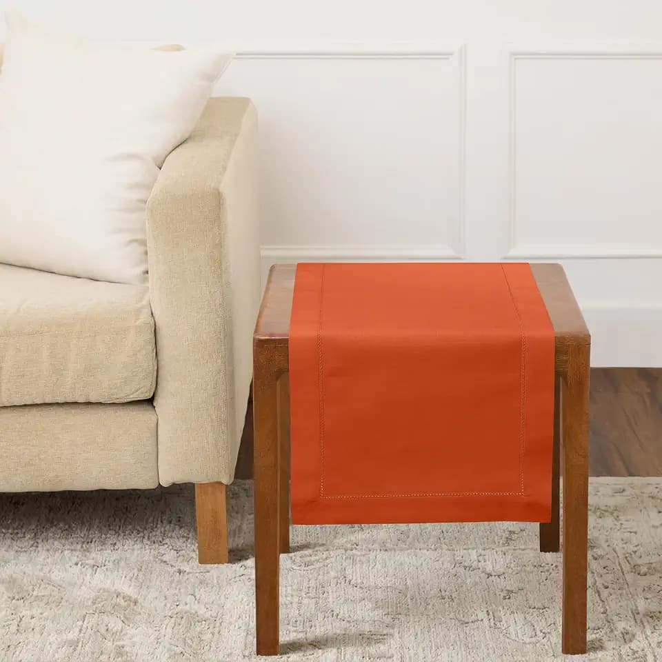 Solino Home Cotton Linen Table Runner Burnt Orange Hemstitch, 14 x 36 in