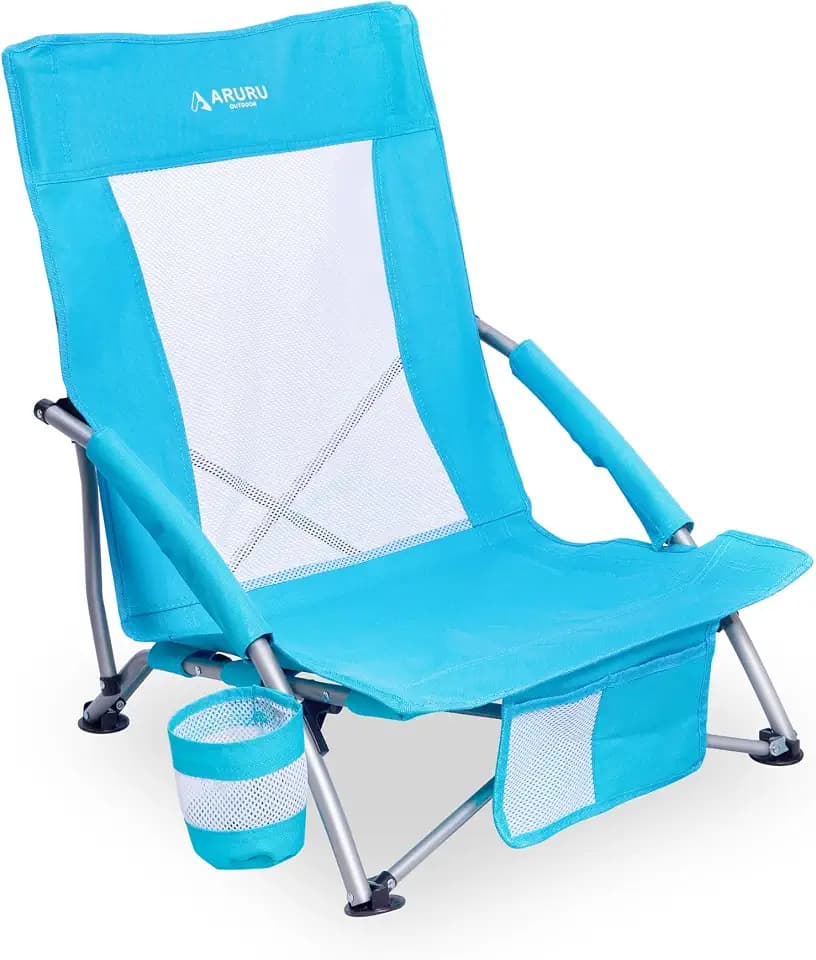 Low Folding Beach Chairs for Adults, Portable Lightweight Sling Beach Camping Chair with Cup Holder,Armrest,Foldable Camp Lawn Chair for Outdoor Sand Concert Travel Sport Events