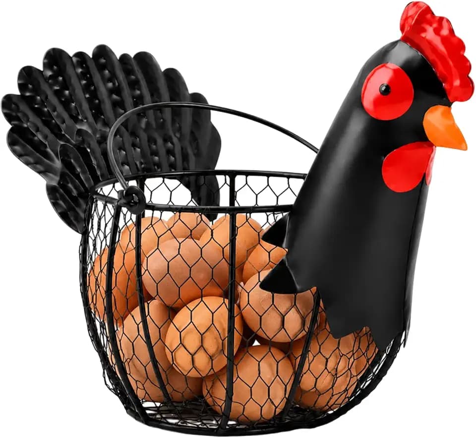 Chicken Egg Basket, Rooster-Shaped Metal Wire Egg Collecting Basket with Handle, Rustic Farmhouse Countertop Holder for Eggs, Fruit & Kitchen Decor Gift for Eggs Lovers (Black)