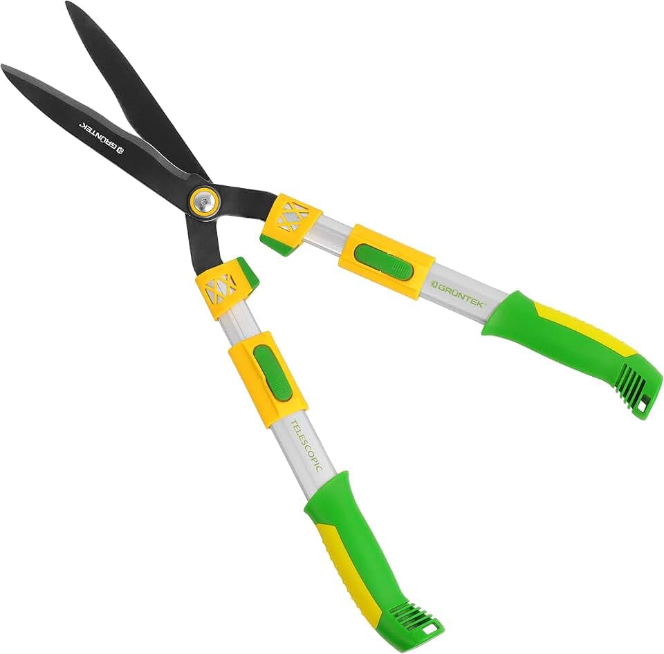 GRÜNTEK Heckenschere Teleskop Q-32 680-825 mm – Professionelle Gartenschere Groß Lang, Heckenschere Manuell mit gehärteter Klinge 240 mm, 4-fach verstellbare Alu-Griffe, Anti-Haft, Wellenschliff