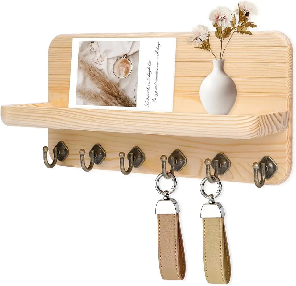 Schlüsselbrett mit Ablage, Schlüsselboard Schlüsselbrett Holz mit 6 Schlüsselhaken, für Flur, Schlafzimmer, Küche, Hängen Küchenbesteck Holzfarbe