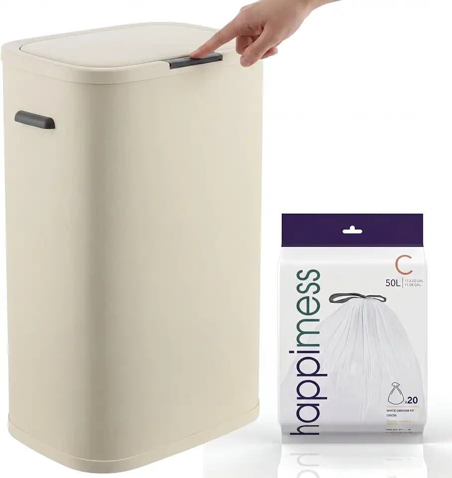 happimess Tammi 14.5 Gal Slim Push Button Trash Can, Limestone Beige