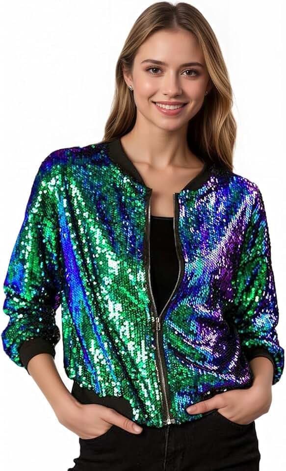 Allegra K Women's Glitter Cropped Long Sleeve Zipper Sequin Bomber Jacket