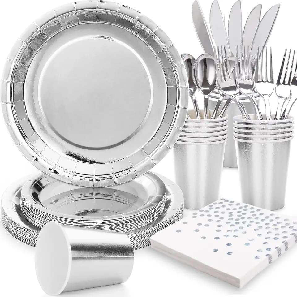 Silver Plates Party Supplies Disposable Dinnerware Set,168pcs Silver Paper Plates and Napkins for Graduation Holiday Disco Birthday Party Decorations Serves 24