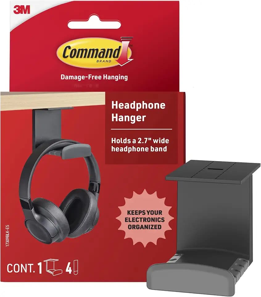 Command Headphone Hanger, Black, 1 Hook, 4 Large Strips