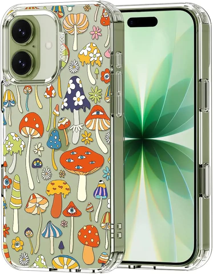 MOSNOVO for iPhone 17 Case | Military Grade 6.6ft Drop Tested | Camera Control | Clear with Mushroom Art Design