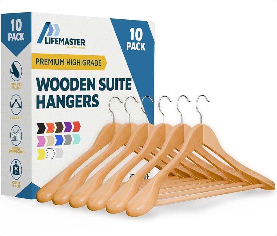 Lifemaster Solid Wooden Hanger Set - 10 Pieces Non-Slip Versatile Closet Space-Saving Hanger Set for Suit, Coat, Camisole, Jacket, Pants, and Dresses with 360° Swivel Hook