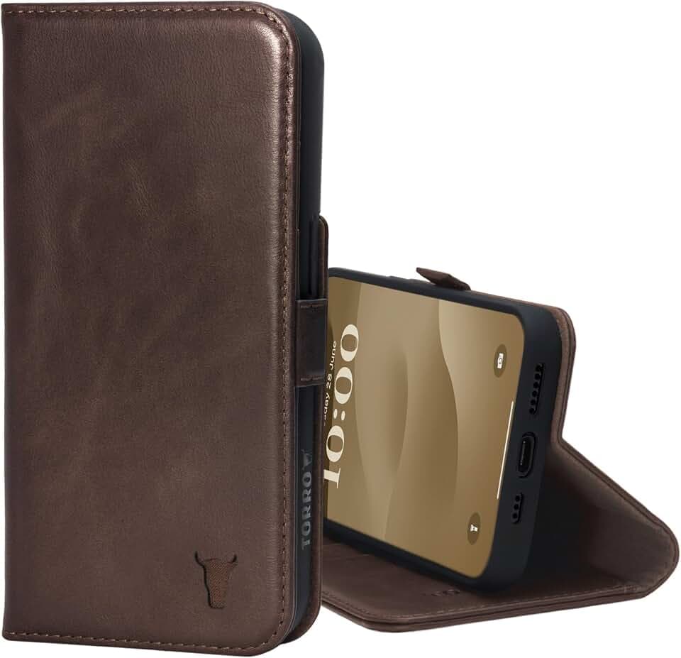 TORRO Premium Leather Case Compatible with iPhone 15 6.1" – Genuine Leather Wallet Flip Folio Case with Kickstand and Card Slots - Dark Brown