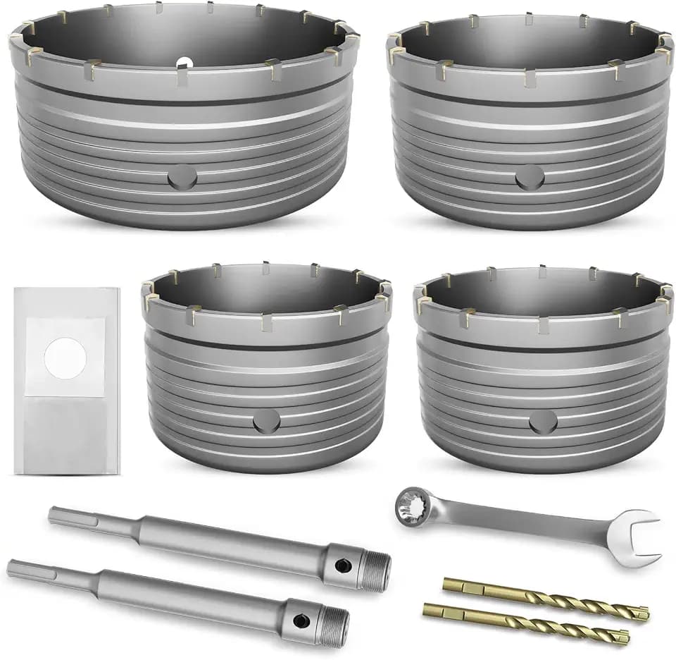 Bohrkrone Set 105/110/120/150 mm inkl. SDS-Plus-Adapter (220 mm×2), 2x Zentrierbohrer, Mit den Schraubenschlüssel und Staubschutzbeutel – Für Mauerwerk, Beton, Naturstein, Marmor, Sandstein Kunststein