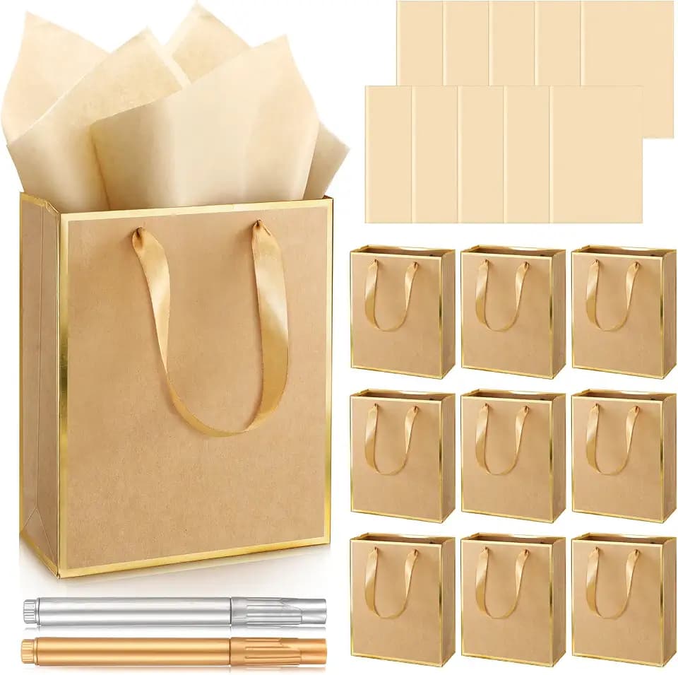 Yeaqee 10 Pack Paper Gift Bags with Handle Tissue Paper, Kraft, Gold