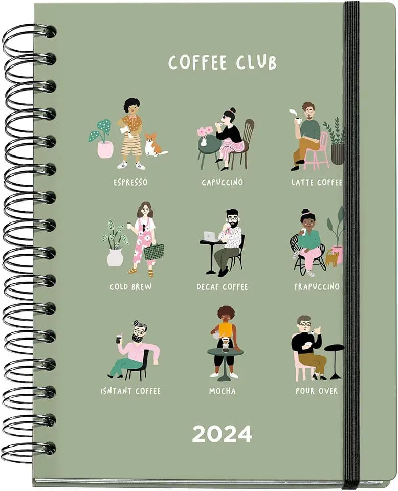 Miquelrius – Jahreskalender 2024 für Kaffeeliebhaber, Wochenansicht, Plusgröße 155 x 213 mm (ähnlich A5), starrer Einband, Spiralbindung, Gummiverschluss, mehrsprachig, Coffee Club Green