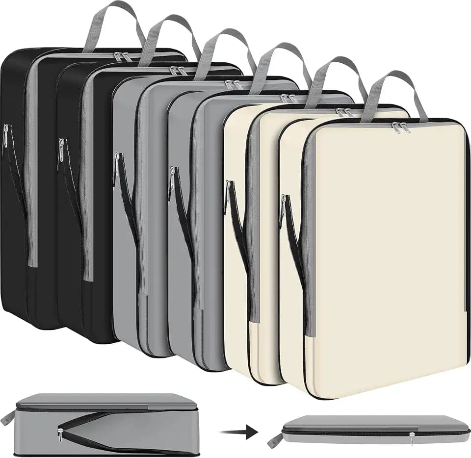 Hosuly 6 Pcs Compression Packing Cubes, 17.3 x 12.6'', Black, Gray, Beige