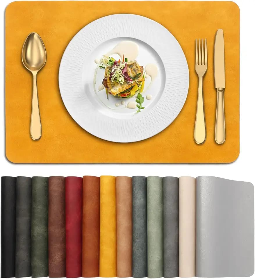 UnivoColors Placemats,Heat Resistant Placemats Set of 6 Washable 12x17 Inch,Waterproof Table Mats,Wipeable Pu Place Mats for Kitchen,Dining Room.Yellow.