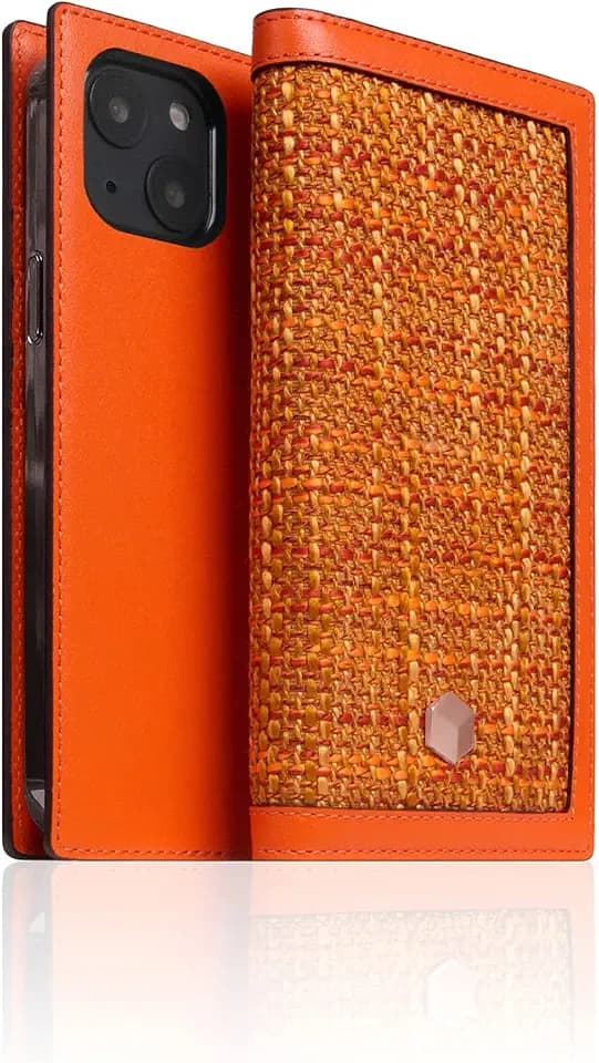 SLG D5 Edition Belgian Fabric Wallet Case for iPhone 13 Mini - Handcrafted Diary Style with Card Holders and Side Cash Pocket, Gift Box Included (Orange)