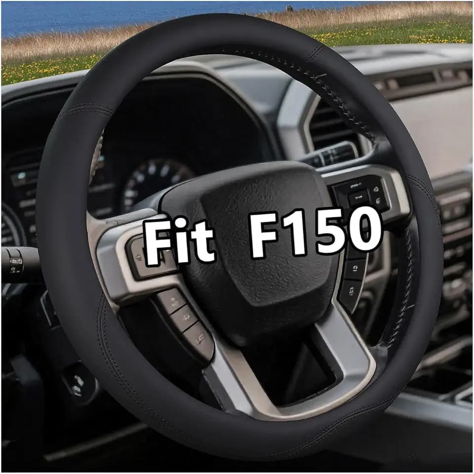 Leather Steering Wheel Cover for Ford F150/F250/F350, 15.5-16 Inch Truck Steering Wheel Grip, Breathable & Anti-Slip, Premium Semi Car Accessories (Black)